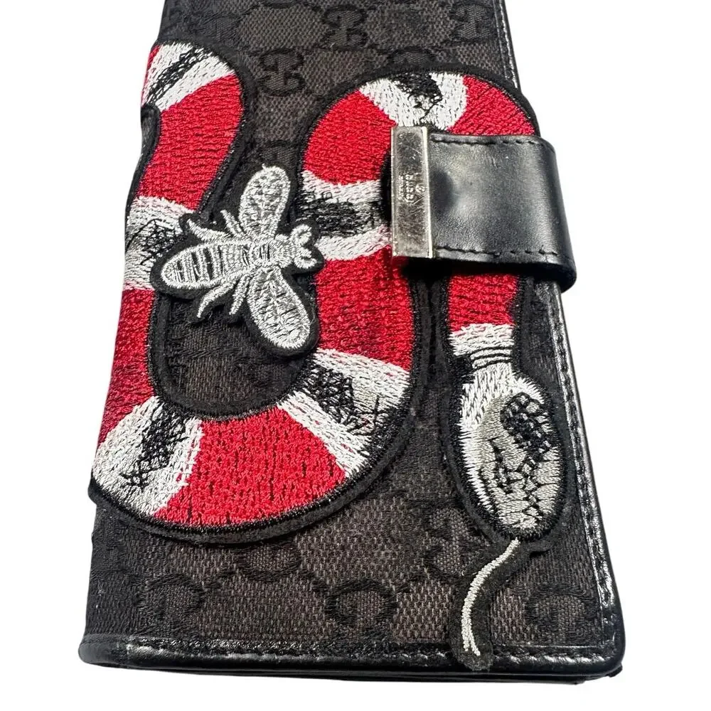 Gucci GG Monogram Canvas Leather Trim Bifold Wallet Kingsnake Bee Continental